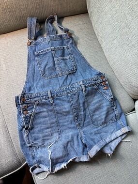 American Eagle Outfitters Distressed Denim Short Overalls - Blue
